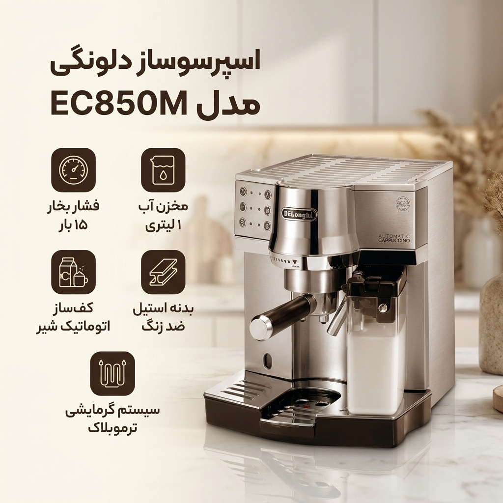 اسپرسو ساز نیمهصنعتی 1 لیتری دلونگی مدل EC850M، نیمه اتوماتیک با مصرف پودر قهوه، مناسب تهیه اسپرسو، کاپوچینو، موکا، کافه لاته و امریکانو، دارای یک عدد نازل قهوه