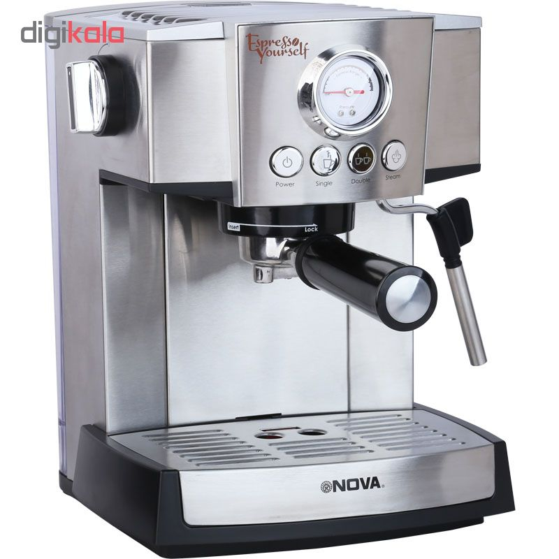 اسپرسوساز 1500 میلی‌لیتری نوا مدل NCM-127EXPS، با مصرف پودر قهوه، مناسب تهیه اسپرسو، کافه لاته، موکا، کاپوچینو و ماکیاتو، دارای سیستم گرم کردن فنجان