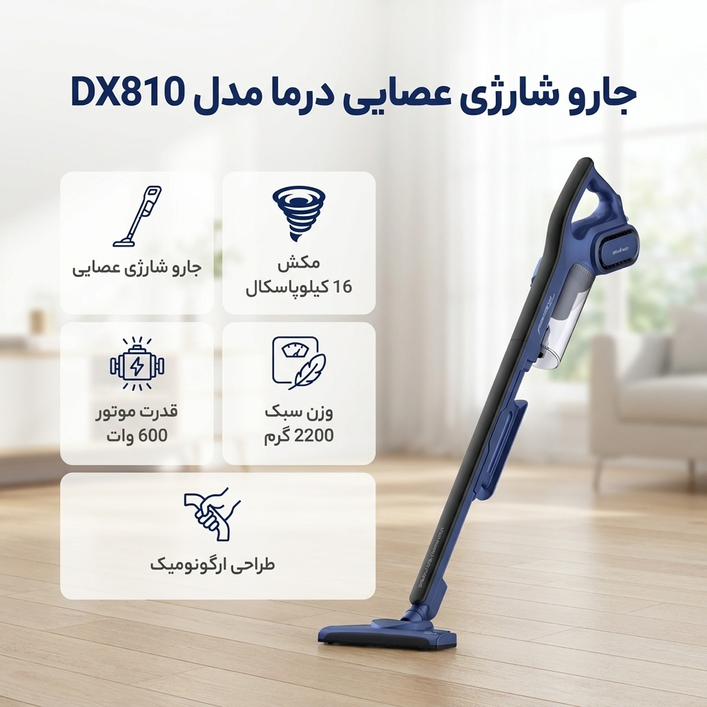 جارو شارژی عصایی درما مدل DX810 با قدرت موتور 600 وات و مکش 16 کیلوپاسکال، طراحی ارگونومیک و وزن سبک 2200 گرم