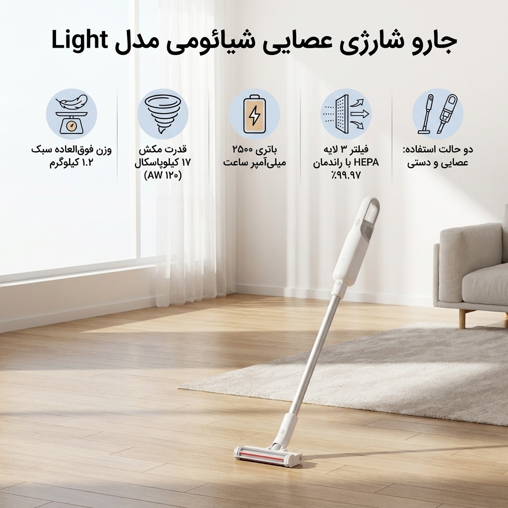 جارو شارژی عصایی شیائومی مدل Light با قدرت مکش 17 کیلوپاسکال، باتری 2500 میلی‌آمپر ساعت، فیلتر سه‌گانه HEPA با راندمان 99.97 درصد، دو حالت مکش و وزن 1.2 کیلوگرم