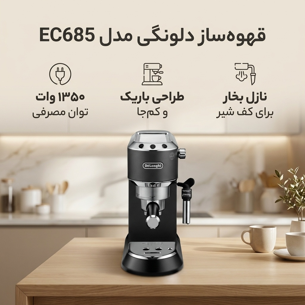 قهوهساز دلونگی مدل EC685، ظرفیت دمآوری ده فنجان با فیلتر دائمی