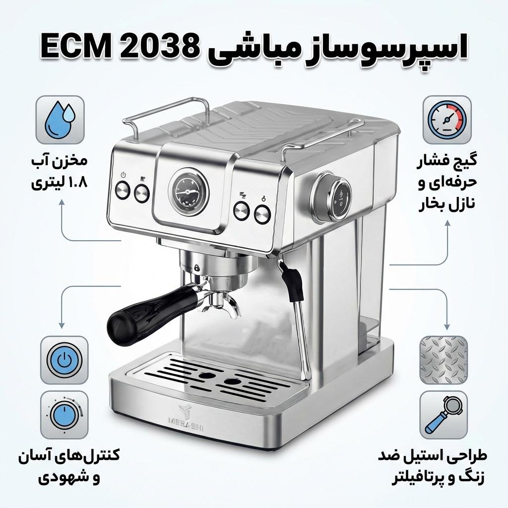 اسپرسو ساز نیمه‌صنعتی 1.8 لیتری مباشی مدل ECM 2038، نیمه اتوماتیک با مصرف پودر قهوه، مناسب تهیه اسپرسو، کاپوچینو، کافه لاته، امریکانو و موکا، دارای یک عدد نازل قهوه، سیستم گرم کردن فنجان