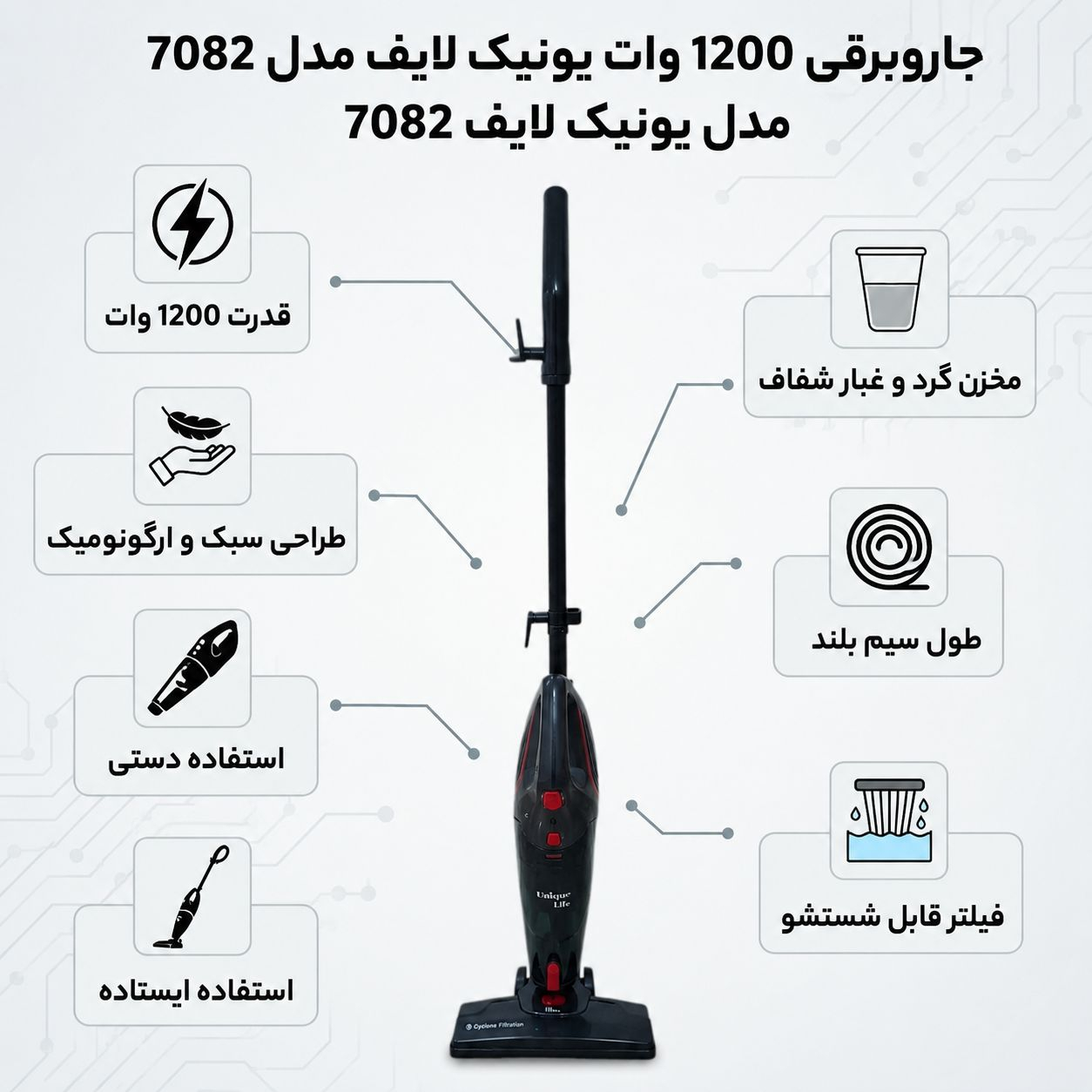 جاروبرقی مخزن‌دار ۱۲۰۰ وات یونیک لایف مدل UL-7082