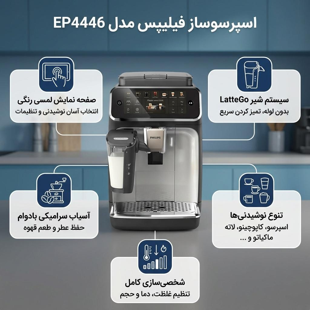 اسپرسوساز فیلیپس مدل EP4446، مناسب تهیه اسپرسو و کاپوچینو، دارای 2 عدد نازل قهوه، آسیاب قهوه، حالت آماده به کار، سیستم pre-infusion، سینی چکه گیر، مکانیزم نظافت خودکار