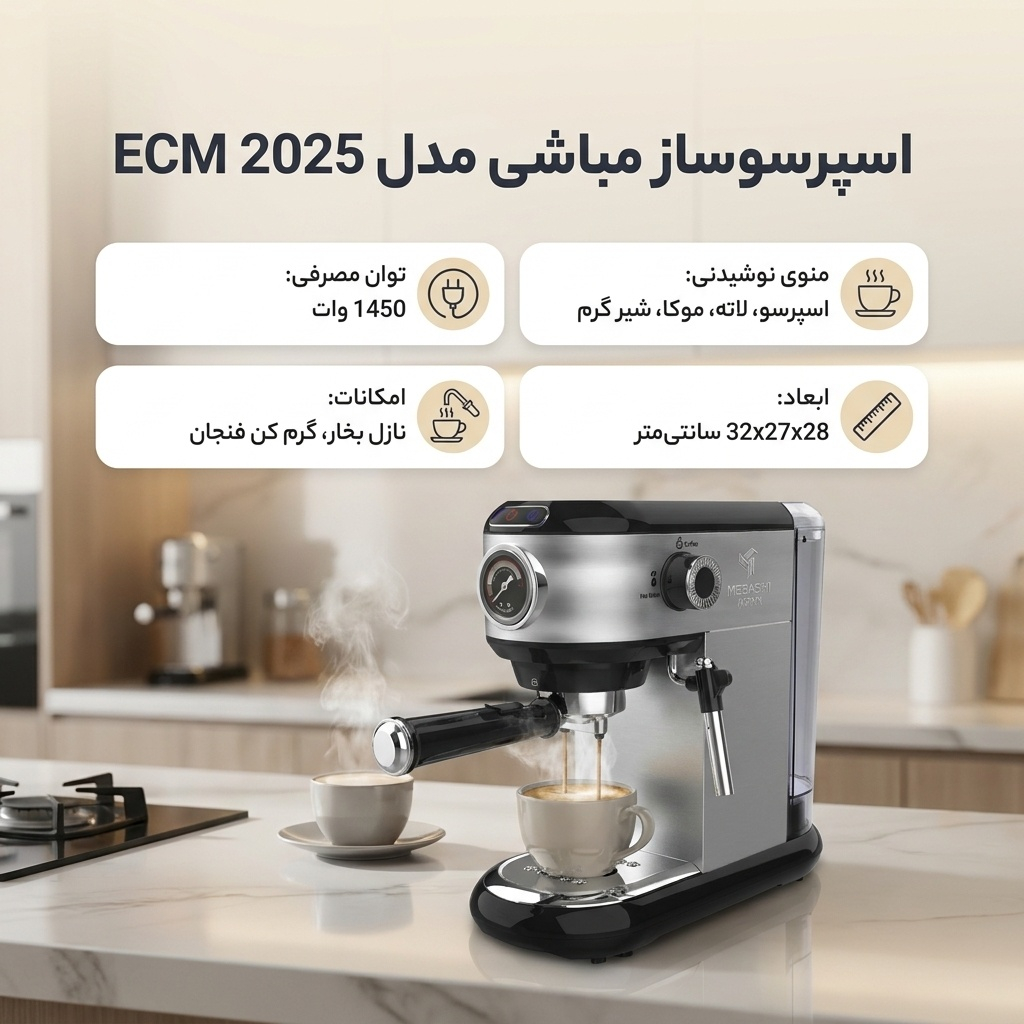 اسپرسوساز خانگی 1250 میلی‌لیتری مباشی مدل ECM 2025، با مصرف پودر قهوه، مناسب تهیه اسپرسو، کافه لاته و موکا، دارای 2 عدد نازل قهوه، سیستم گرم کردن فنجان، سینی چکه گیر، تنظیم میزان بخاردهی