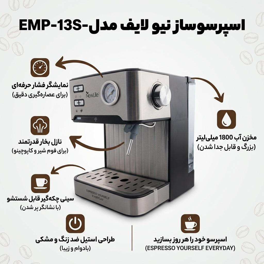 اسپرسو ساز خانگی 1.8 لیتری نیو لایف مدل EMP-13S-410، نیمه اتوماتیک با مصرف پودر قهوه، مناسب تهیه کاپوچینو، اسپرسو، ماکیاتو و کافه لاته، دارای یک عدد نازل قهوه، تنظیم میزان بخاردهی و سیستم گرم کردن فنجان