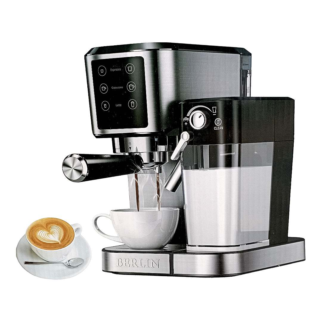 اسپرسوساز 1000 میلیلیتری برلین مدل BE-1700، مناسب تهیه اسپرسو و کاپوچینو، دارای 1 عدد نازل قهوه، حالت آماده به کار، سیستم گرم کردن فنجان