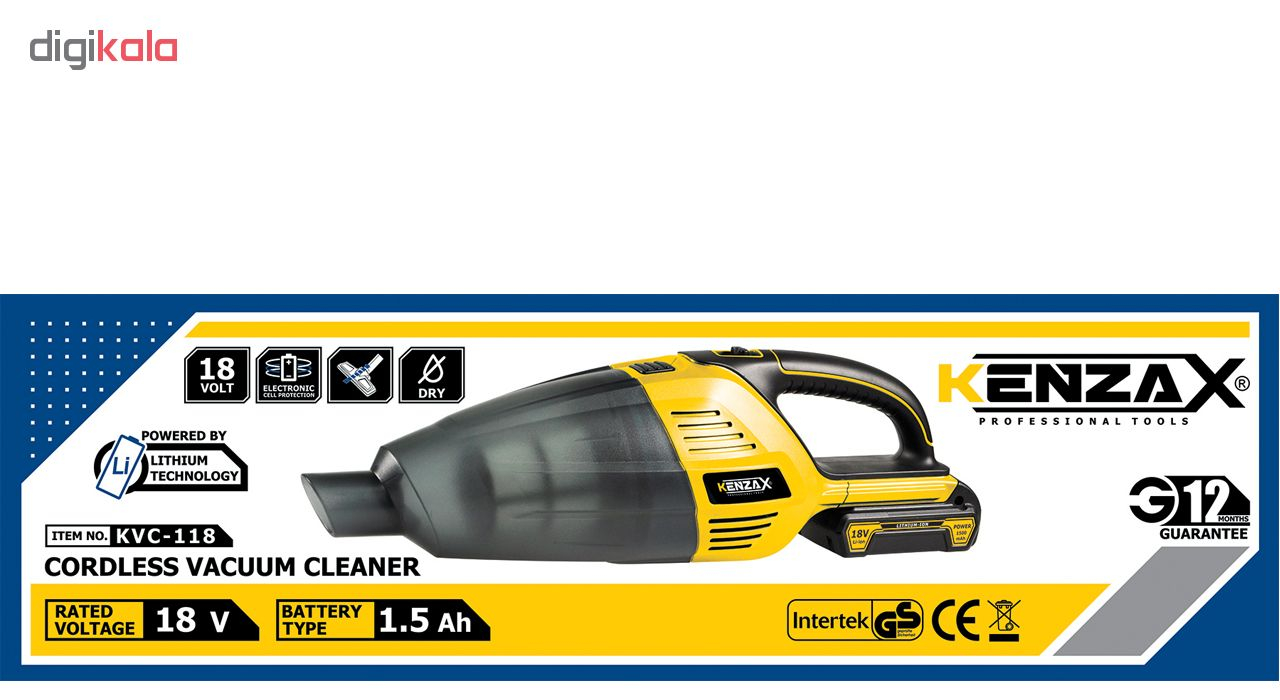 جارو شارژی دستی کنزاکس مدل KVC-118 با باتری لیتیوم 18 ولت، توان مکش 1500 وات، فیلتر نانو قابل شستشو، سیستم تخلیه آسان مخزن، بدنه ضد خش ABS و پایه شارژ سریع