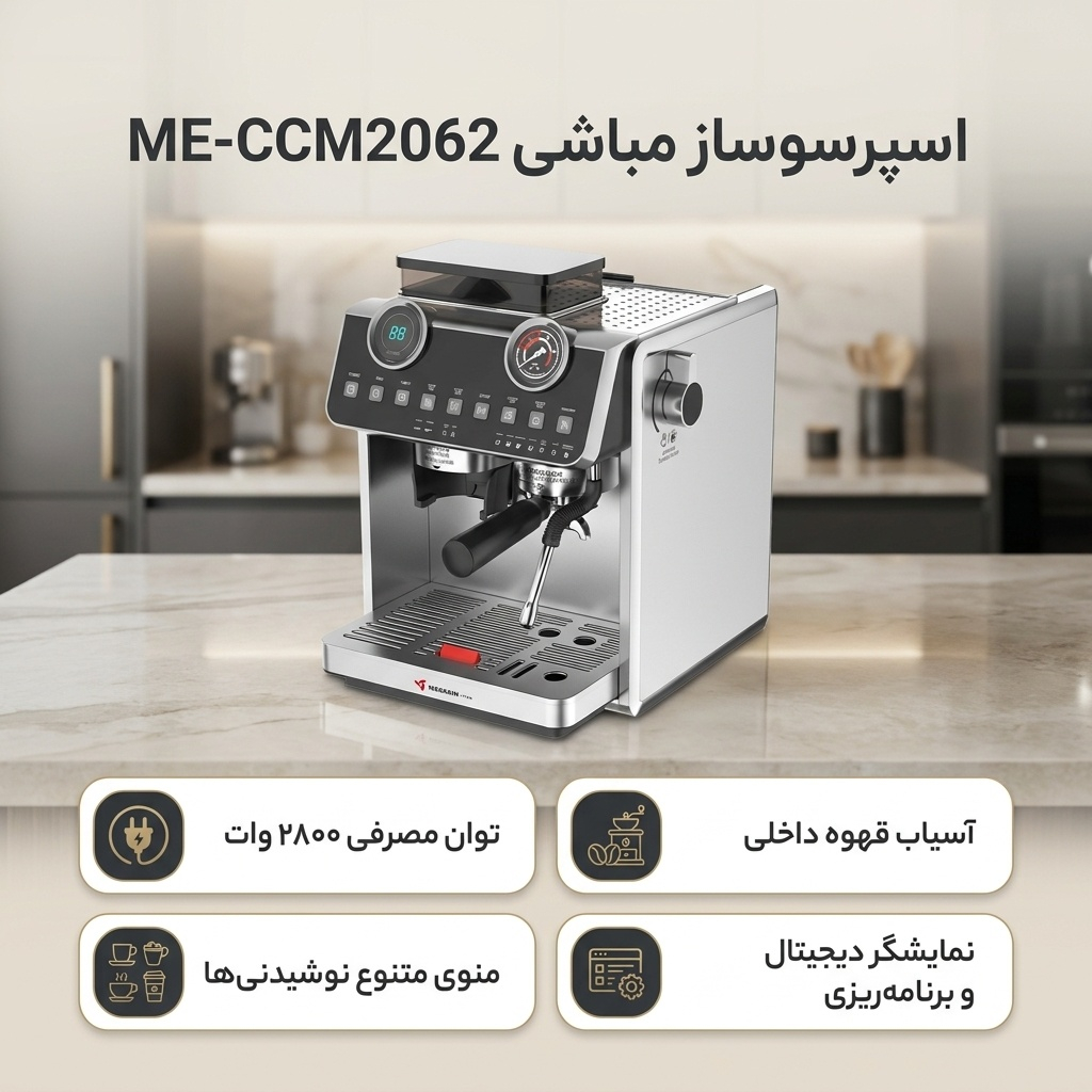 اسپرسوساز 2700 میلی‌لیتری مباشی مدل ME-CCM2062، با مصرف پودر و دانه قهوه، مناسب تهیه اسپرسو، کاپوچینو، ماکیاتو، لانگو، ریسترتو، کافه اوله، فلت وایت و موکا، تنظیم میزان بخاردهی، مکانیزم نظافت خودکار، سیستم pre-infusion، سیستم گرم کردن فنجان