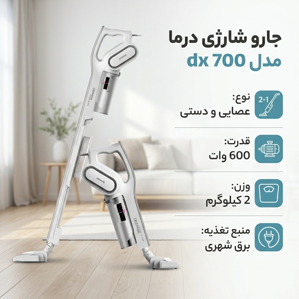 جارو شارژی عصایی درما مدل DX 700 با قدرت موتور 600 وات، طراحی ارگونومیک و منبع تغذیه برق شهری