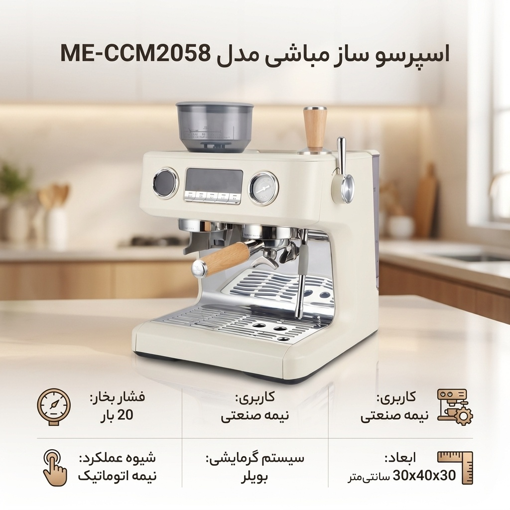 اسپرسو ساز نیمهصنعتی 2 لیتری مباشی مدل ME-CCM2058W، نیمه اتوماتیک با مصرف دانه قهوه، پودر قهوه، مناسب تهیه اسپرسو، کافه لاته، موکا، کاپوچینو و ماکیاتو، دارای دو عدد نازل قهوه، آسیاب قهوه