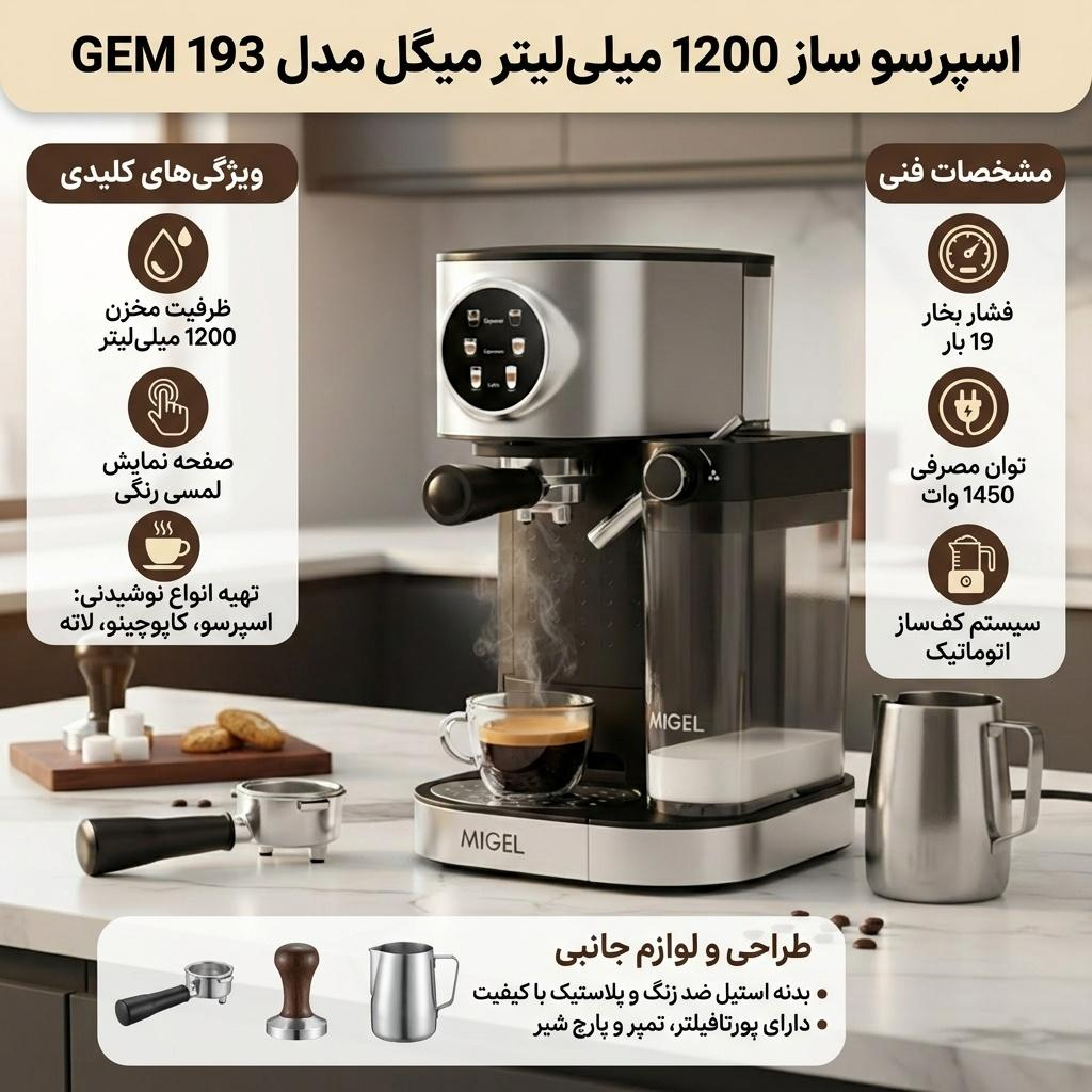 اسپرسوساز 1200 میلی‌لیتری میگل مدل GEM 193، مناسب تهیه اسپرسو، کافه لاته، کاپوچینو و آمریکانو، دارای 2 عدد نازل قهوه، حالت آماده به کار، سینی چکه گیر