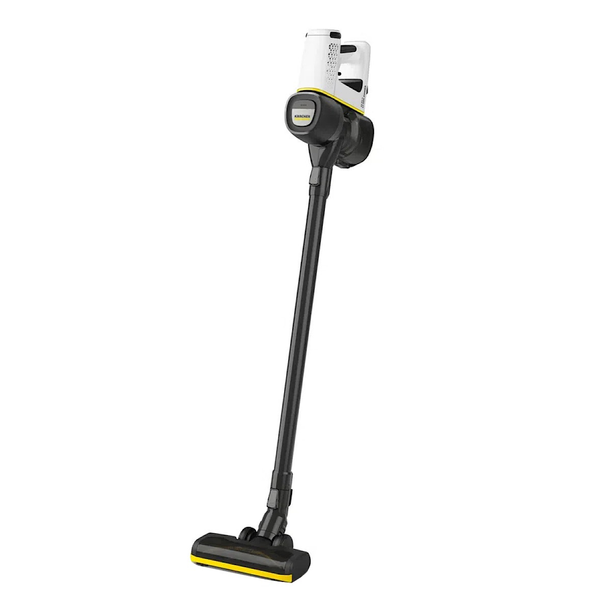 جارو شارژی عصایی کرشر مدل VC 4 CORDLESS با باتری 21.6 ولت، ظرفیت مخزن 650 میلی‌لیتر، قابلیت تنظیم سرعت، فیلتر قابل شست‌وشو، پاروی اصلی چندسطحی و دو سری نازل مخصوص شکاف و گردوغبار، دسته قابل تنظیم و پایه دیواری برای شارژ و نگهداری آسان