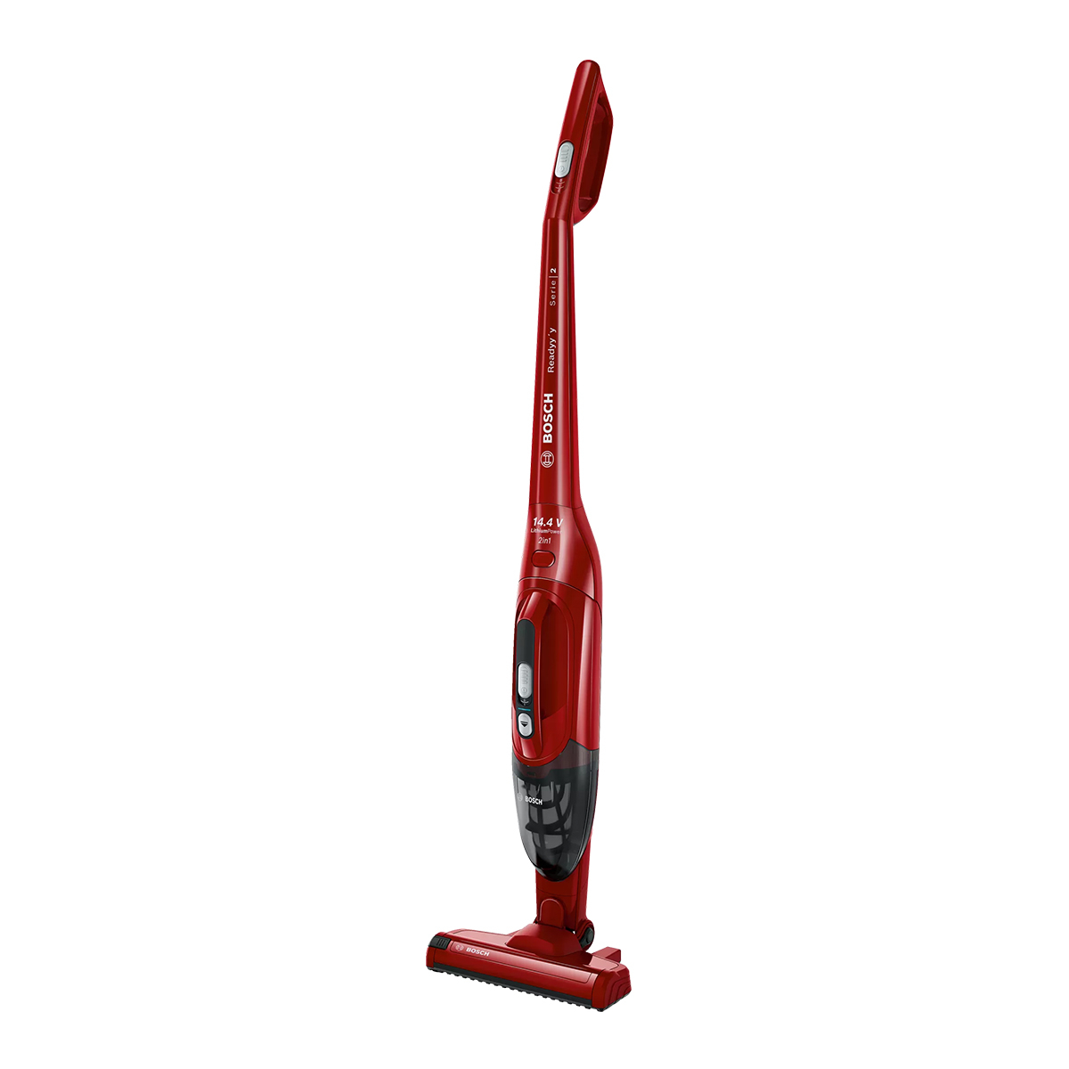 جارو شارژی عصایی بوش مدل BBHF214R با باتری لیتیوم-یون 14.4 ولت، قابلیت 2in1 پایه‌دار و دستی، وزن سبک 2.4 کیلوگرم، ظرفیت مخزن 0.4 لیتر و زمان شارژ سریع 5 دقیقه، مناسب نظافت فرش، مبلمان و خودرو