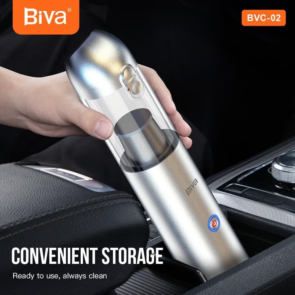 جارو شارژی خودرو بیوا مدل BVC-02s با توان مکش 120 AirWatt، باتری 2200mAh، ظرفیت مخزن 200ml، چراغ قوه و چراغ چشمک‌زن هشدار، شارژدهی سریع و طراحی جمع‌وجور مناسب تمیزکاری داخل خودرو و مبلمان