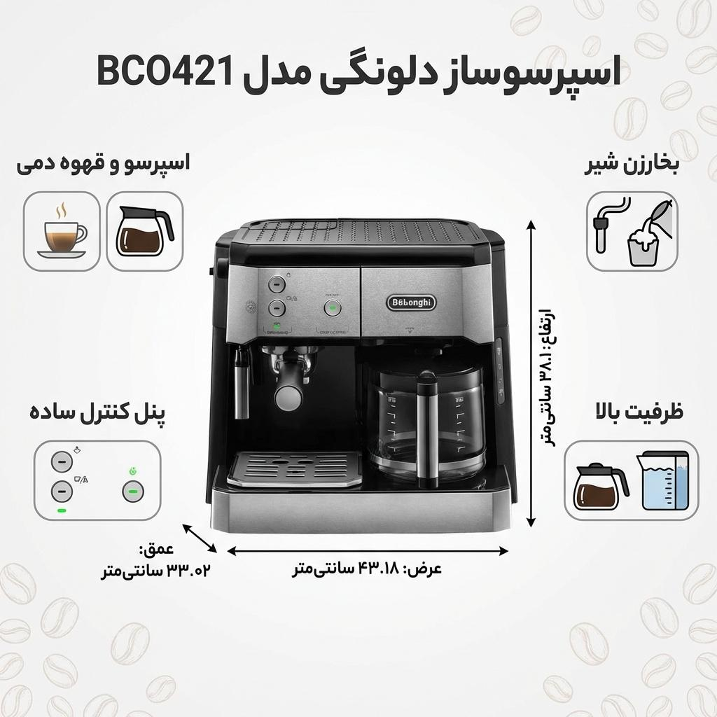 اسپرسوساز 1000 میلیلیتری دلونگی مدل BCO421، با مصرف پودر و پد قهوه، مناسب تهیه اسپرسو، کاپوچینو و فرانسه، دارای 2 عدد نازل قهوه، سیستم گرم کردن فنجان